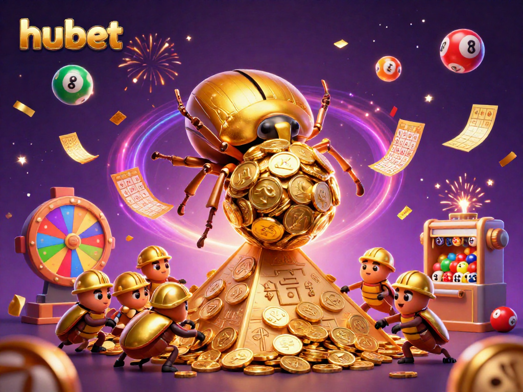 Experience the thrill of hubet with colorful casino elements and a dynamic scene of golden beetles rolling coins.