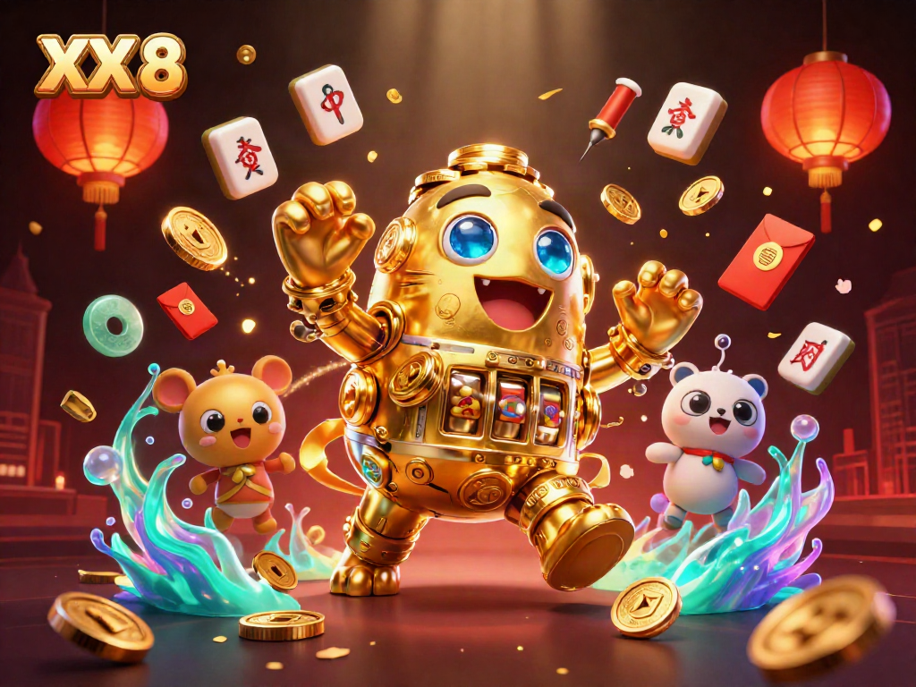 Experience the dynamic gameplay of XX 8 in this vibrant 3D casino illustration, featuring a golden golem.