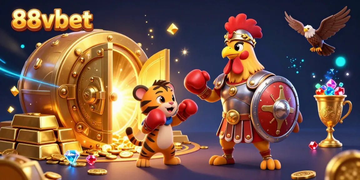 Engage with 88vbet in a lively casino scene featuring cartoon gladiator rooster and vibrant treasure elements.