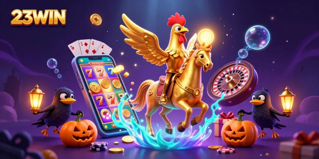 Experience the excitement at 23WIN, featuring a golden rooster and magical casino elements.