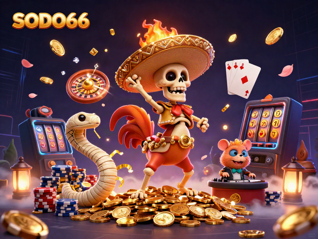 SODO66 captures excitement with a victorious mariachi rooster and dynamic casino-themed elements.