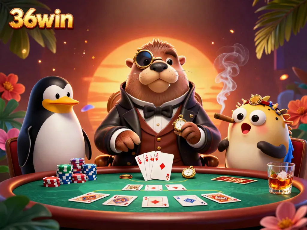 Experience thrilling poker action with the 36win casino characters bluffing and playing at an underwater poker table.