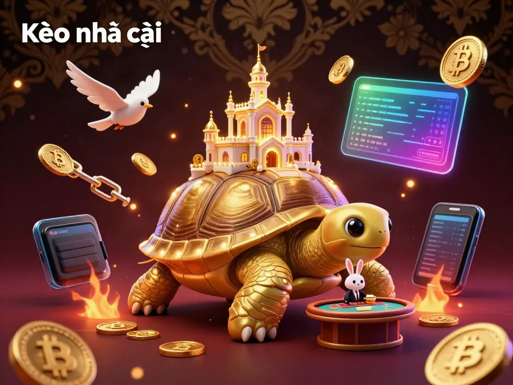 Kèo nhà cái scene with a golden tortoise casino, rabbit dealer, and flying coins for sports betting.