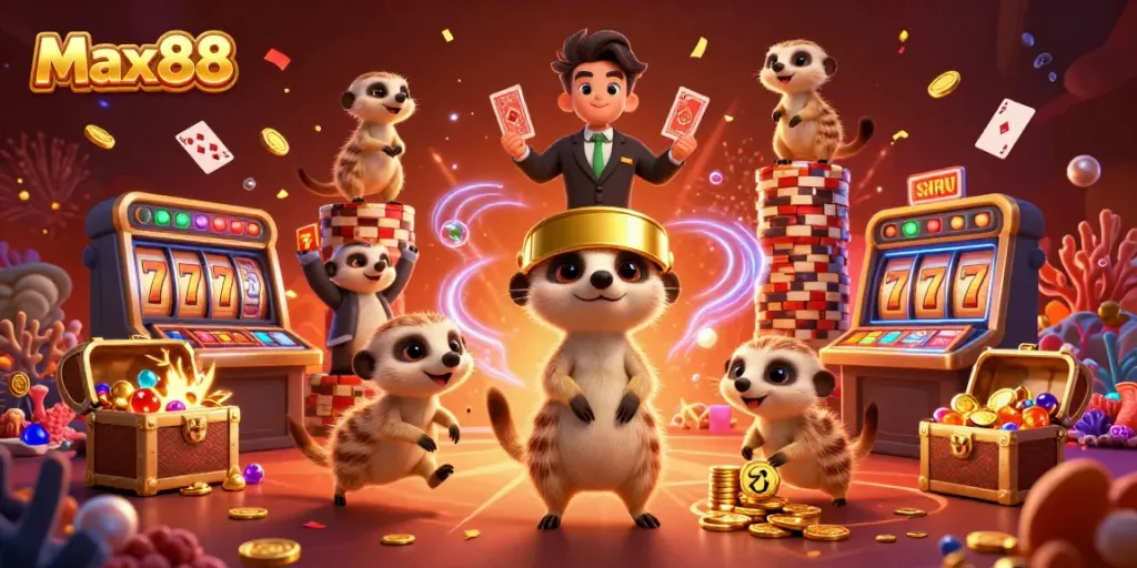Max88 showcases an animated meerkat casino scene with vibrant visuals and rich casino elements.