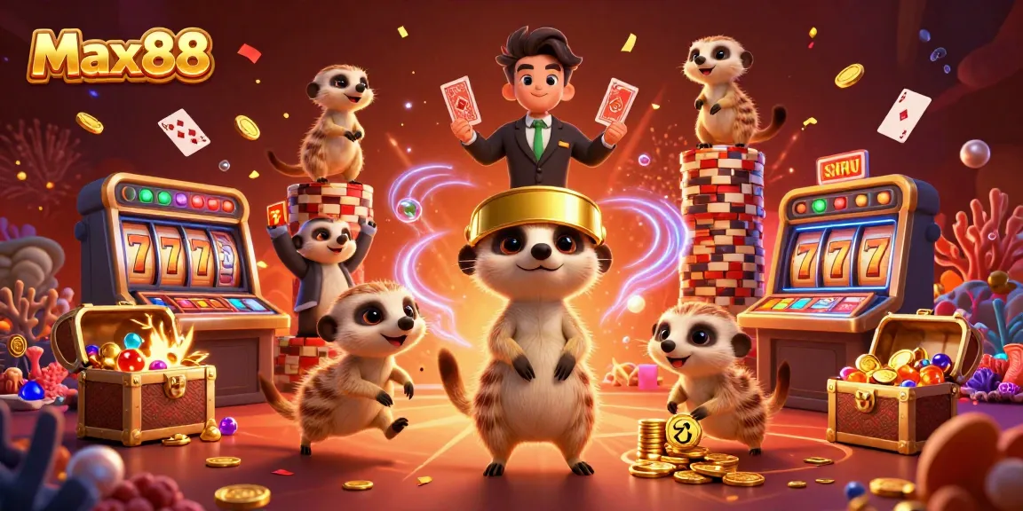 Max88 showcases an animated meerkat casino scene with vibrant visuals and rich casino elements.