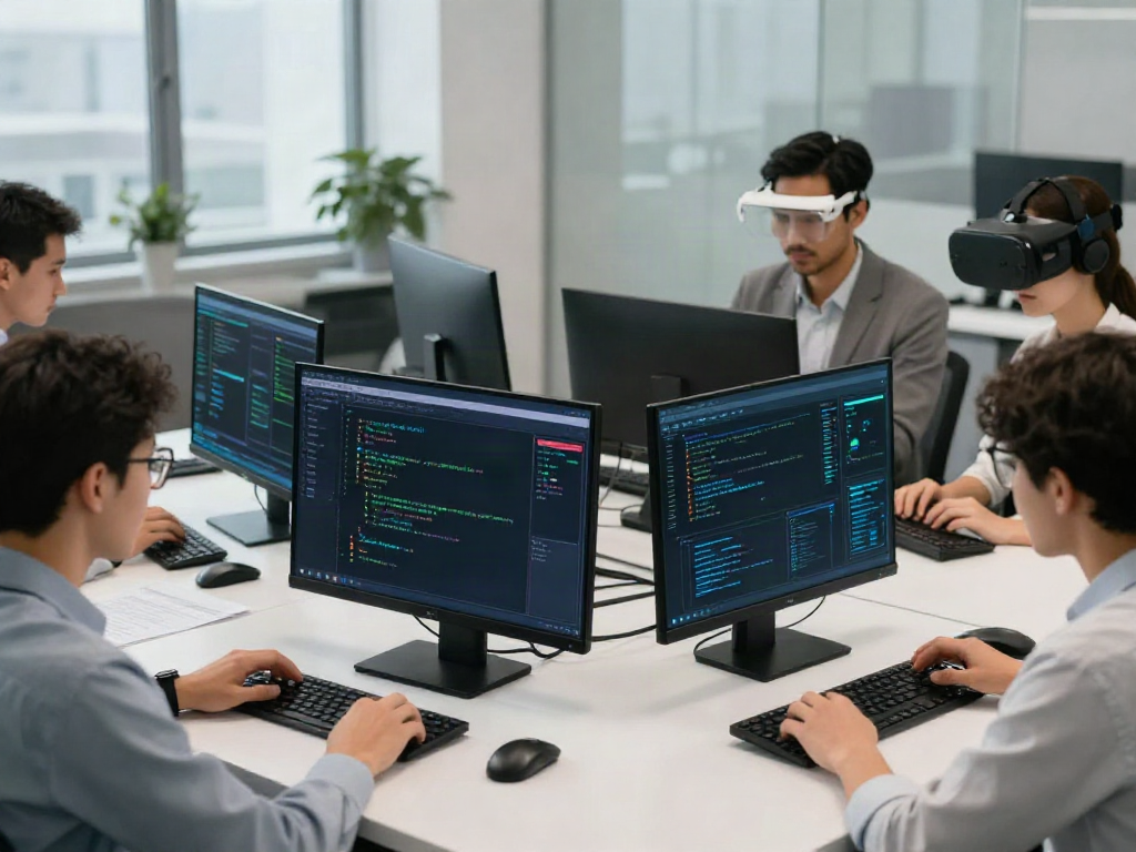 Penetration test team analyzing vulnerabilities in a tech workspace.