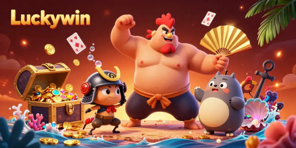 Experience thrilling action at Luckywin with a dynamic 3D casino scene featuring a sumo wrestler rooster, samurai cricket, and tanuki announcer.