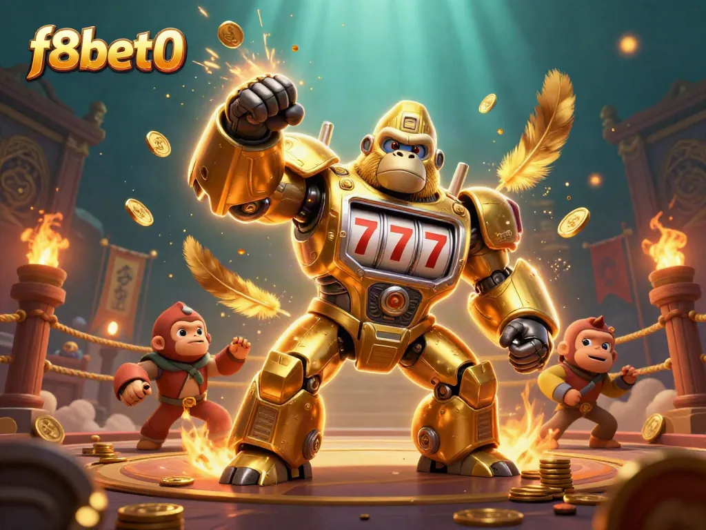 Experience f8bet0's exhilarating gameplay as a golden gorilla mech bursts with coins amidst vibrant casino action.