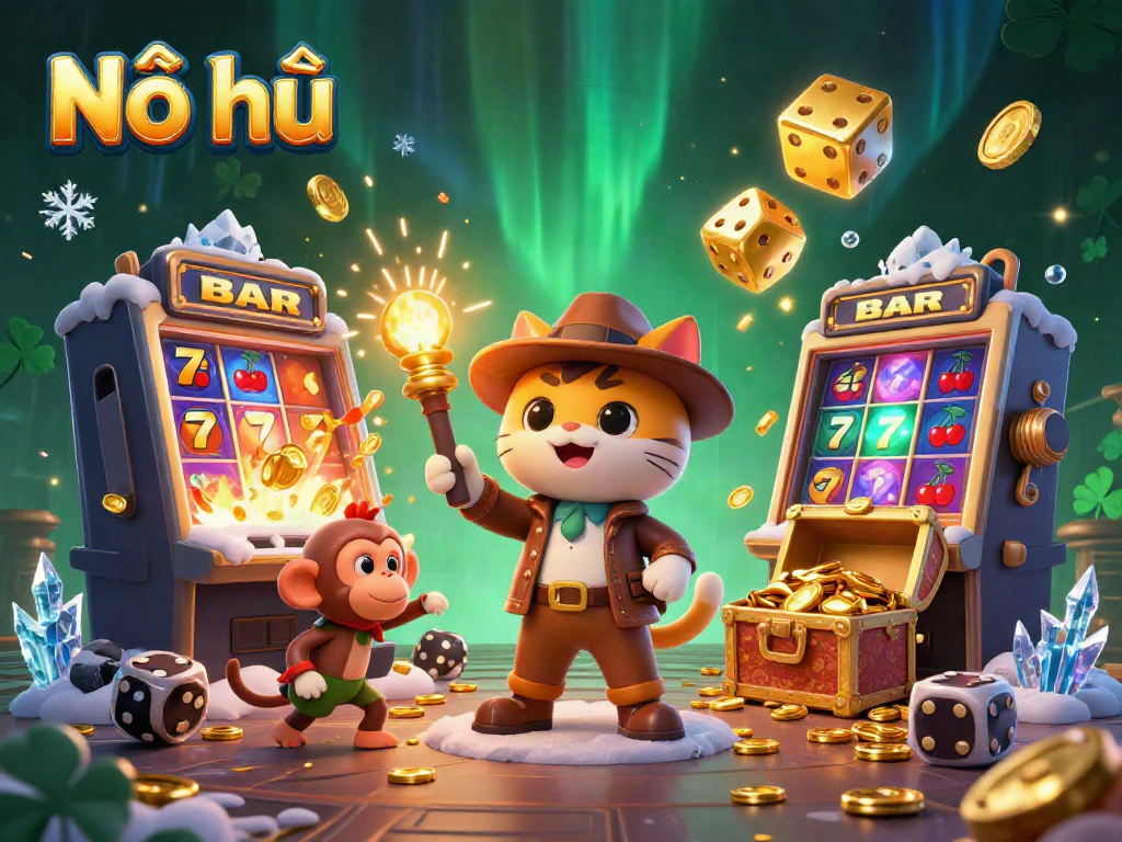 Engage in thrilling Nổ hũ gameplay as a cartoon explorer cat uncovering hidden treasures in a vibrant casino
