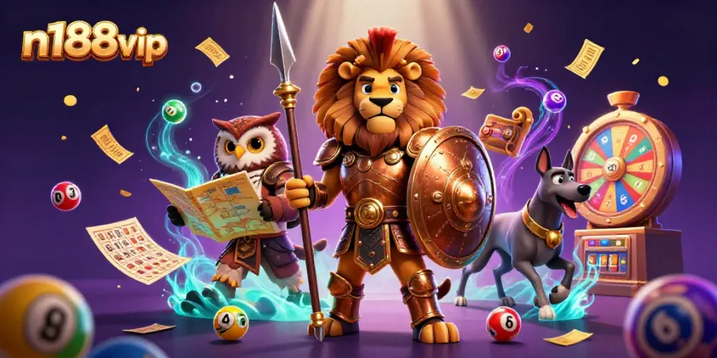 Engage with n188vip's vibrant gaming world featuring a heroic Spartan lion and thrilling casino elements.