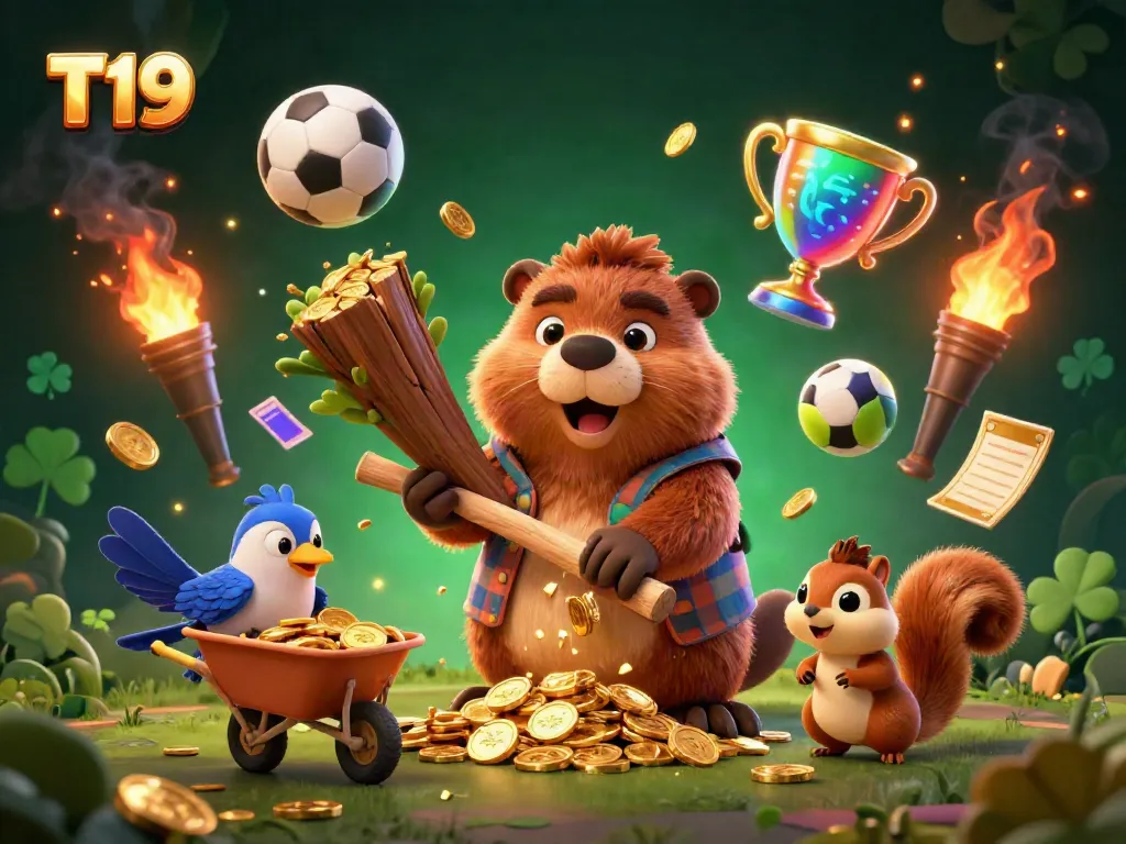 T19 casino illustration with beaver, bird, and squirrel collecting gold coins while embodying a dynamic gambling theme.