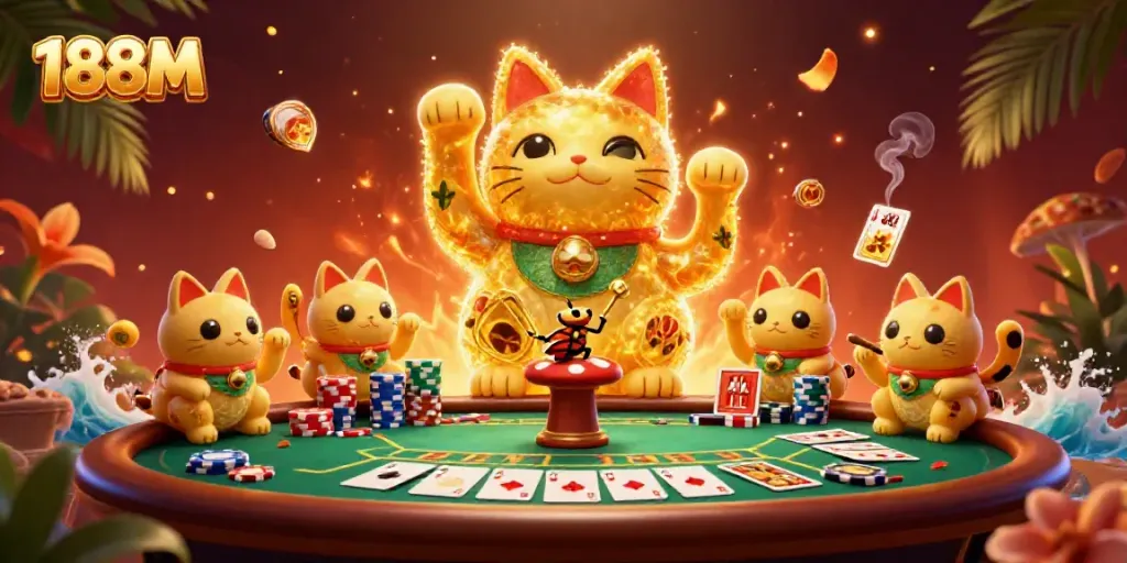 Engage in thrilling gameplay at 188M with a colorful casino scene featuring a lucky cat and vibrant poker elements.