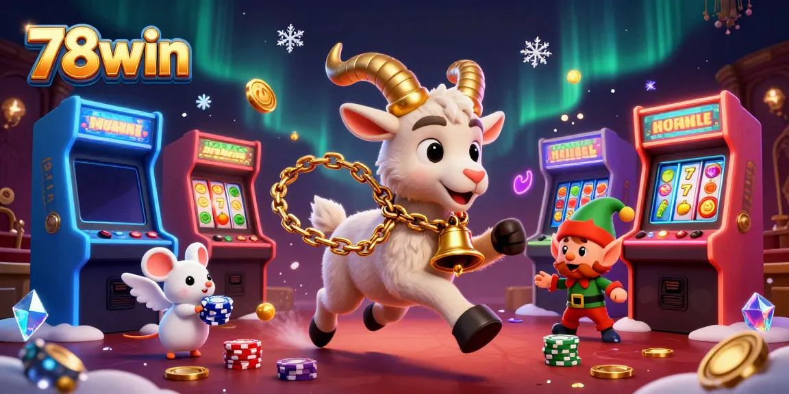 Experience the festive 78win casino with Krampus, angel mouse, and stealing gremlins in a vibrant illustration.