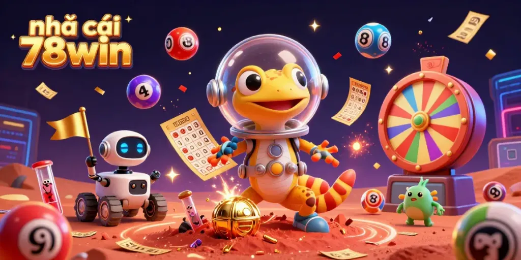 The vibrant scene showcases nhà cái 78win with a Martian gecko and a robot in a dynamic casino setting, featuring lottery elements.