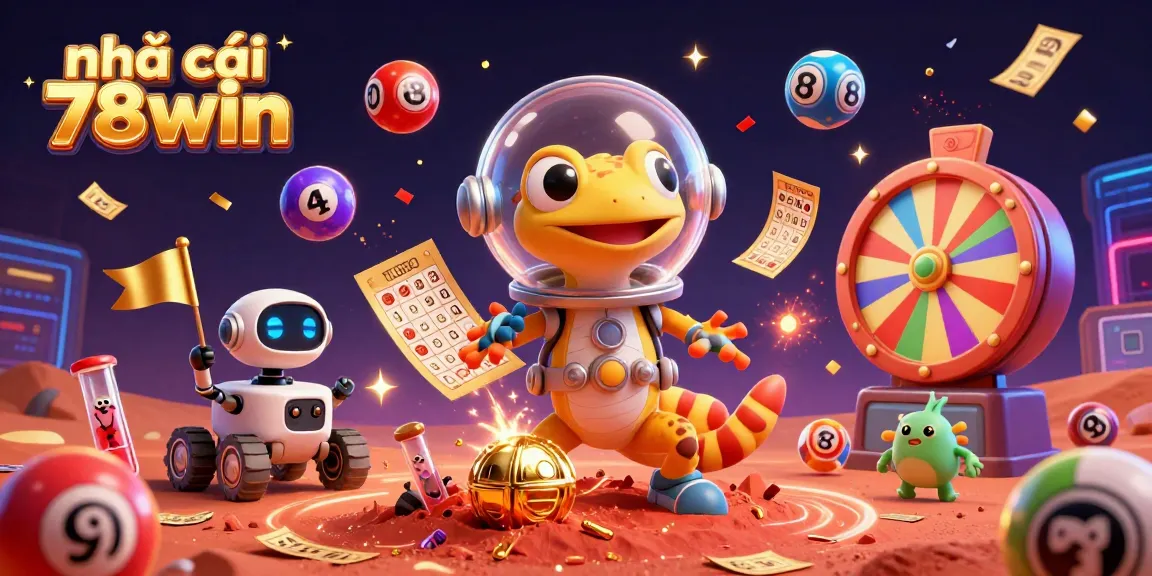 The vibrant scene showcases nhà cái 78win with a Martian gecko and a robot in a dynamic casino setting, featuring lottery elements.