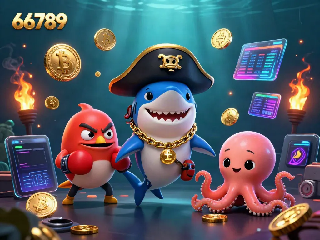 Engage with 66789's dynamic online casino featuring a pirate shark, a pufferfish, and an octopus amidst crypto elements.