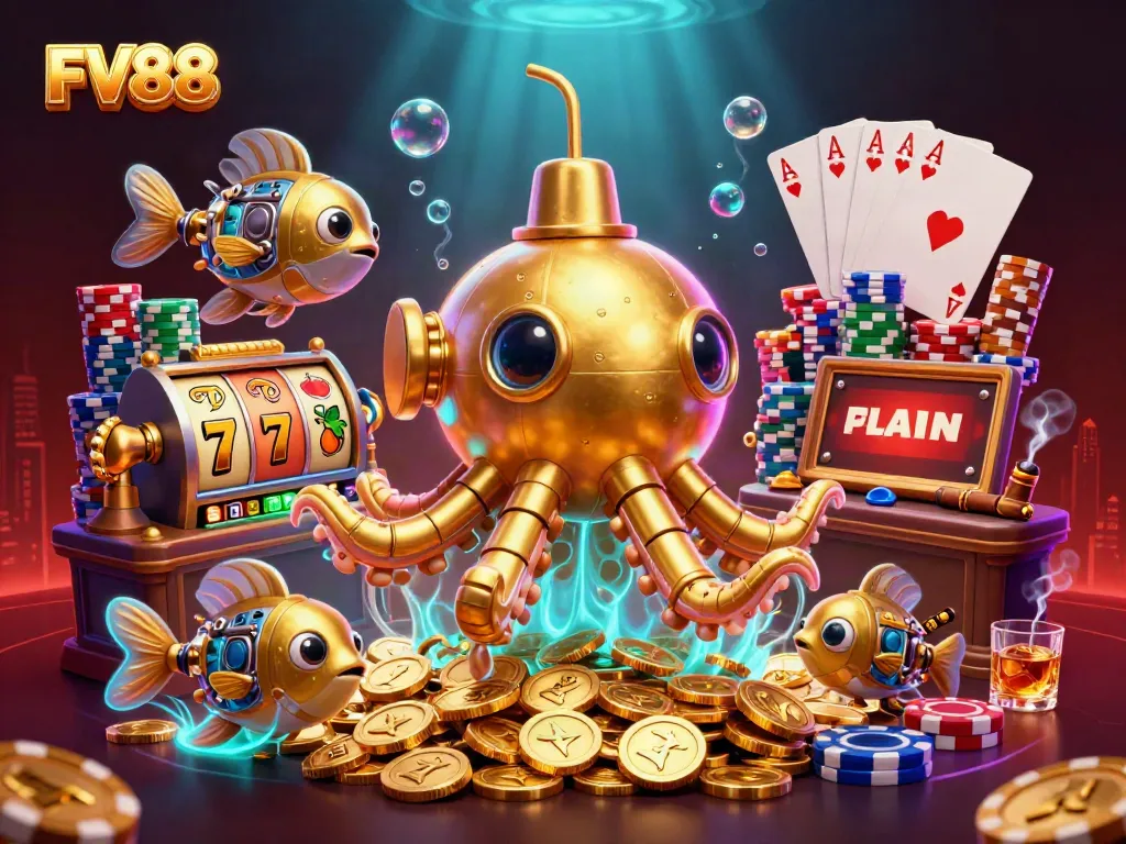 Play exciting games at FV88 with a vibrant golden kraken submarine illustration filled with action.