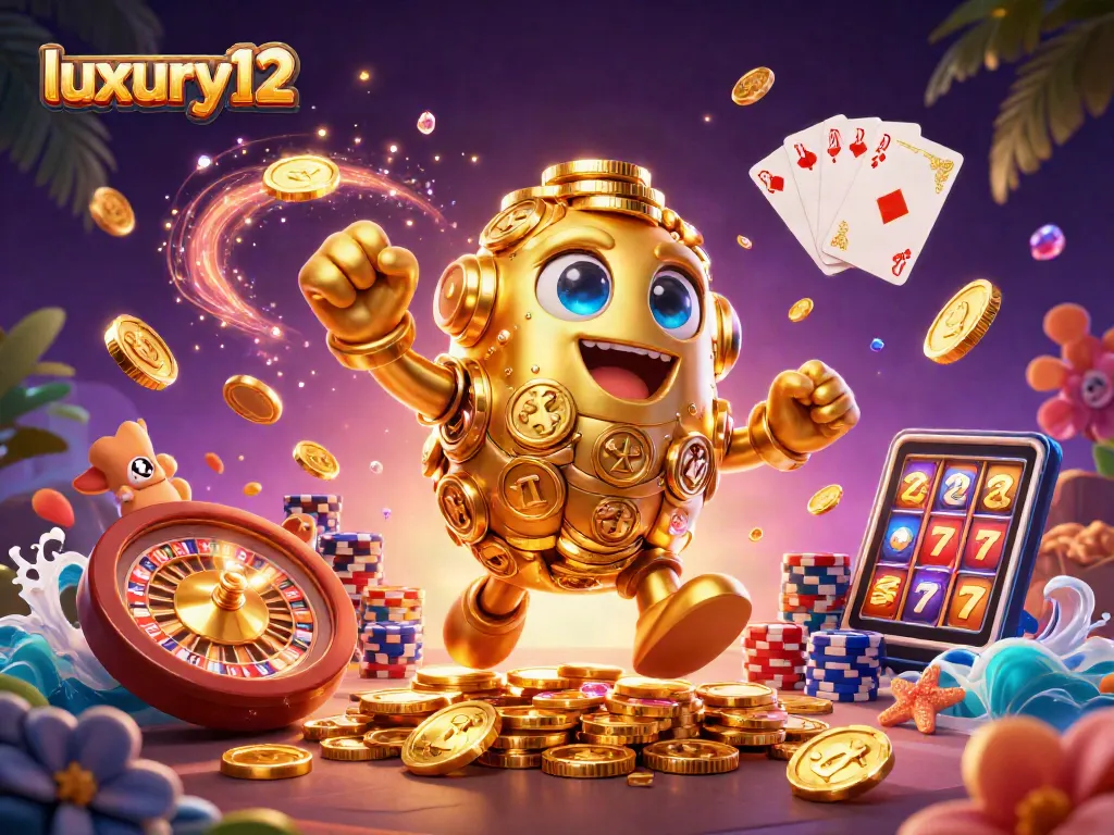Experience thrilling gameplay with luxury12 in our vibrant 3D casino scene filled with golden golems and coins.