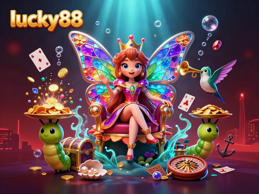 Engage with lucky88's vibrant world of online gambling filled with colorful characters and casino elements.