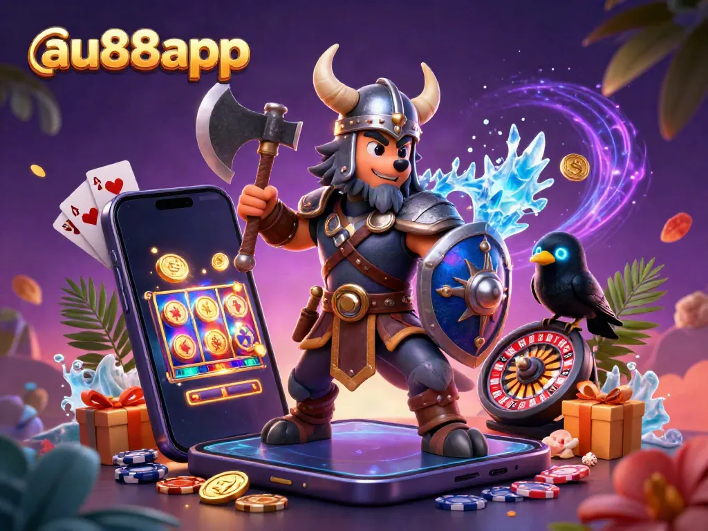Engage with the exciting world of au88app through a vibrant 3D casino illustration with slot games, coins, and whimsical characters.