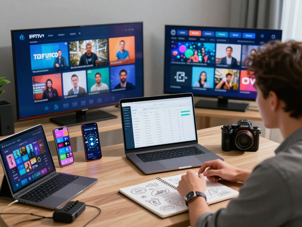 IPTV UK reseller dashboard on a sleek desk featuring analytics and streaming devices for efficient software management.