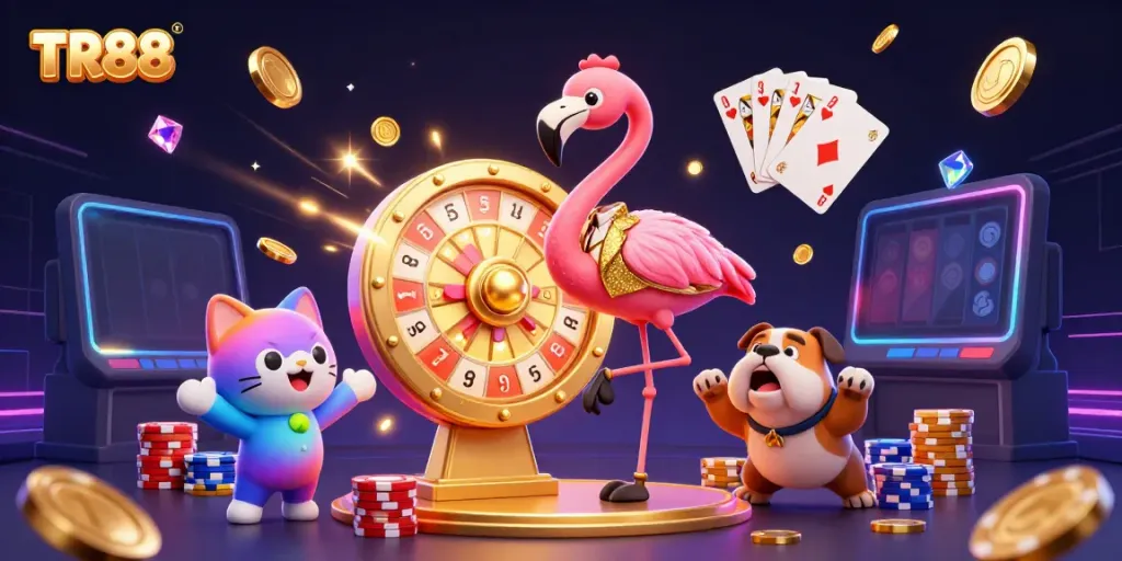 Experience excitement at TR88 with a vibrant casino scene featuring a game show host and thrilling prizes.