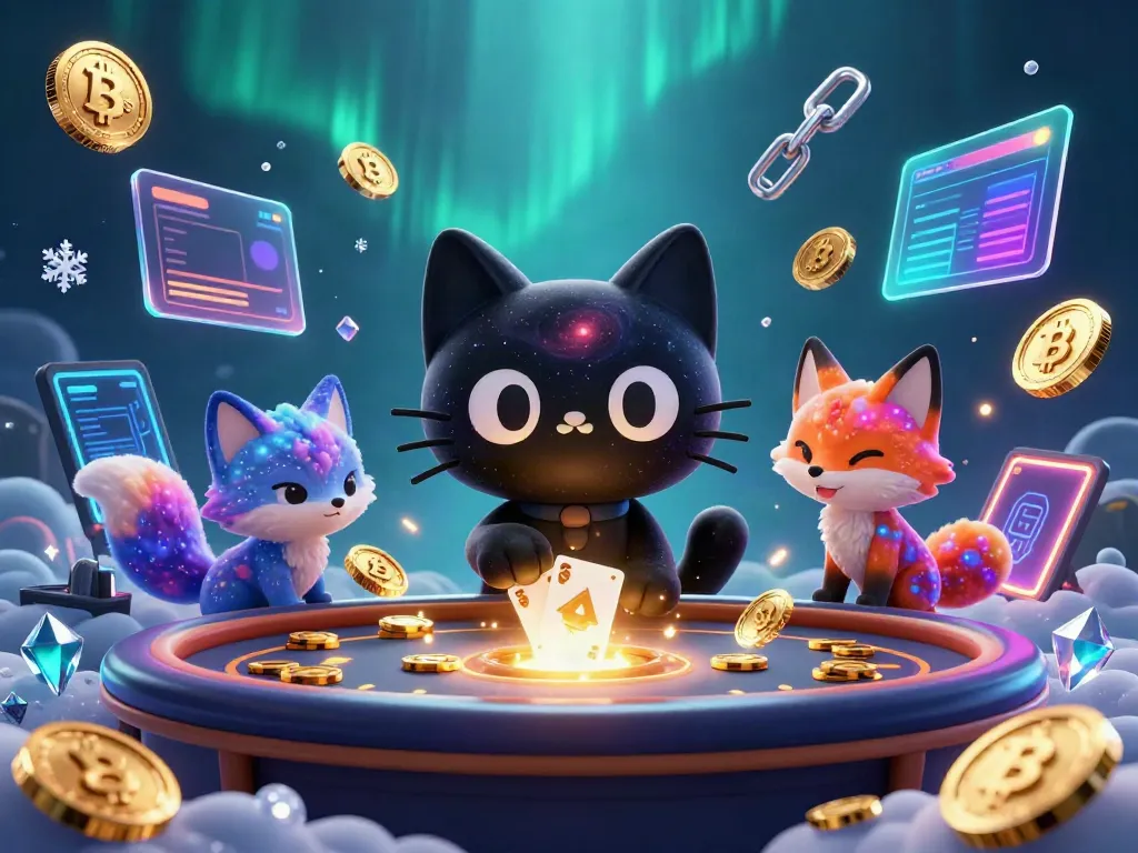 Engage with the captivating 8s cosmic casino illustration featuring a black hole cat and nebula fox.