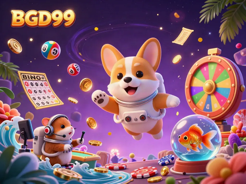 Experience the excitement at BGD99 with a whimsical scene of floating characters and dynamic lottery elements.