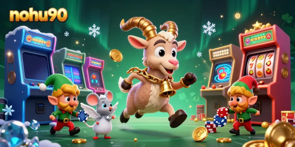 Engaging nohu90 casino scene with Krampus and elf gremlins for thrilling gaming action.