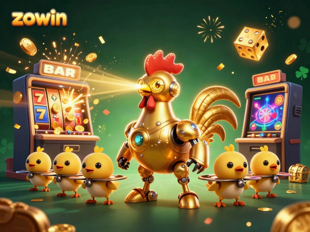 Zowin presents a vibrant casino scene with a retro-futuristic rooster robot and golden jackpot bounty.