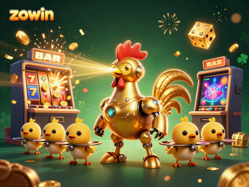 Zowin presents a vibrant casino scene with a retro-futuristic rooster robot and golden jackpot bounty.