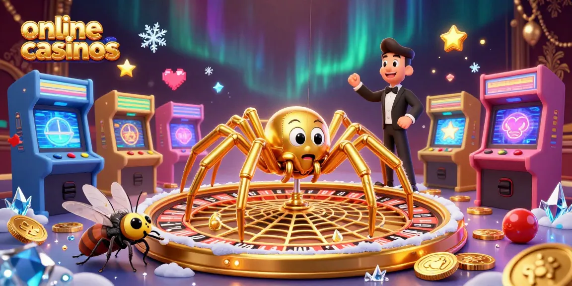 Experience thrilling online casinos with a golden spider spinning a roulette wheel.