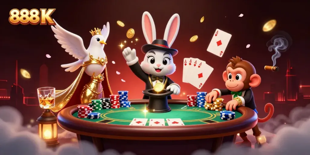 Experience the excitement of 888 K with a magician rabbit, dove, and monkey in a lively casino scene.