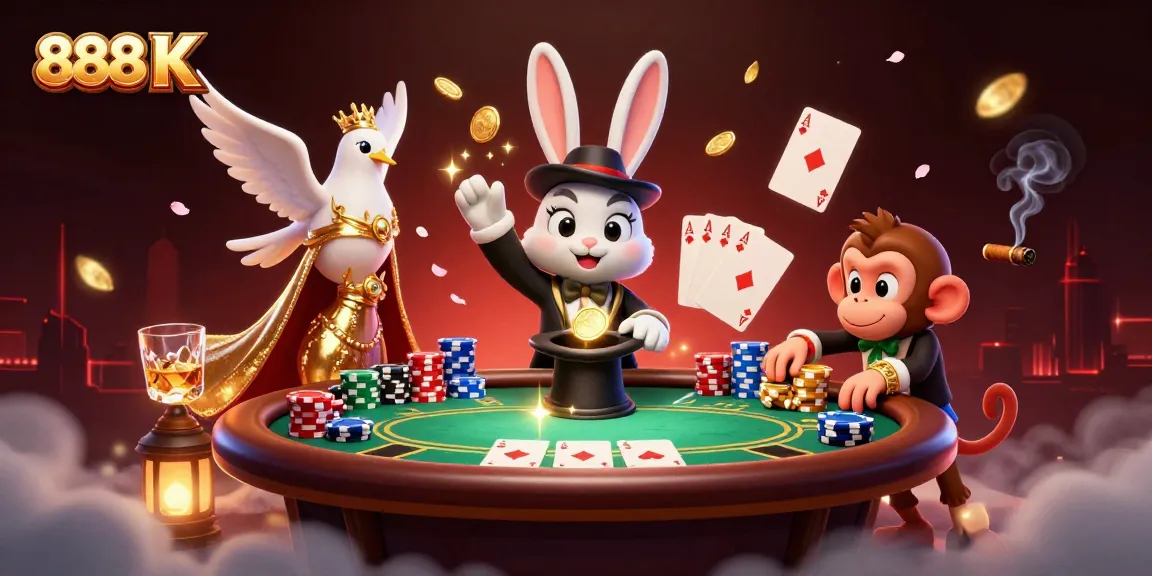Experience the excitement of 888 K with a magician rabbit, dove, and monkey in a lively casino scene.