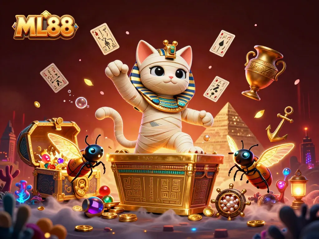 Experience thrilling casino action with ML88's 3D cartoon characters in vibrant pyramid setting.