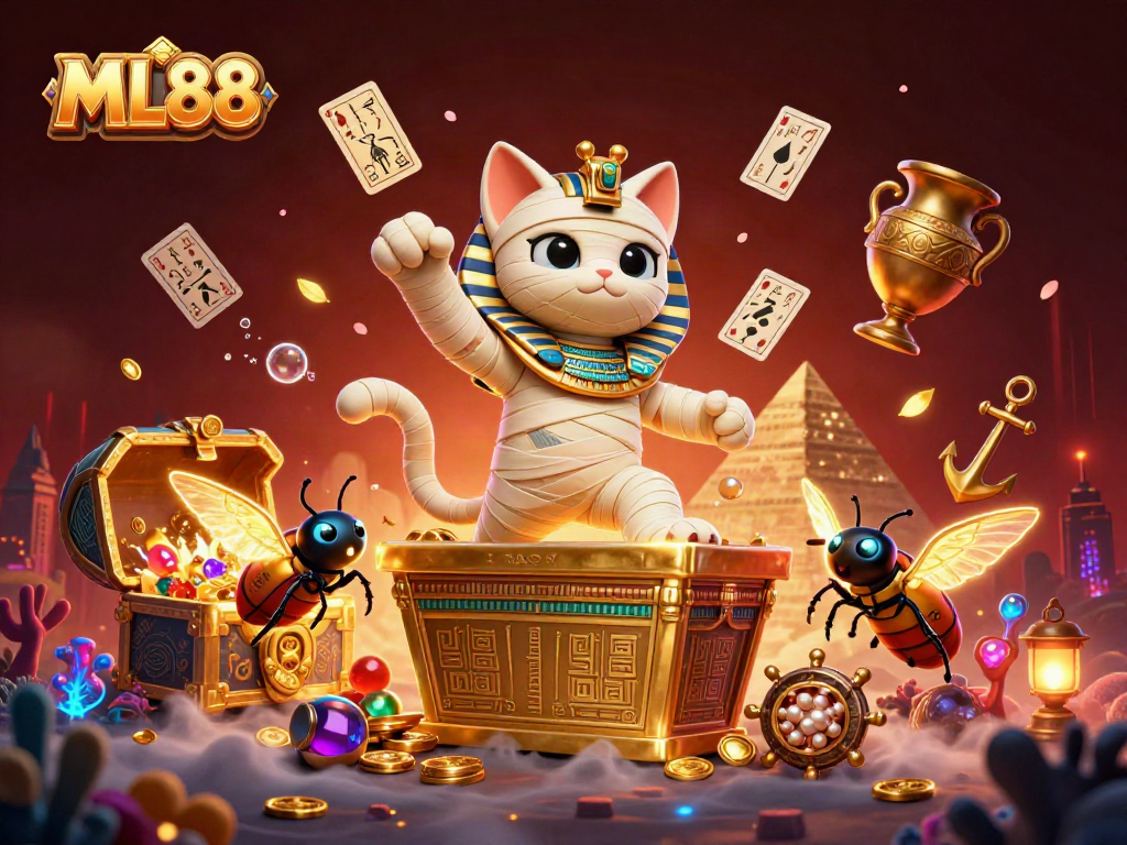 Experience thrilling casino action with ML88's 3D cartoon characters in vibrant pyramid setting.