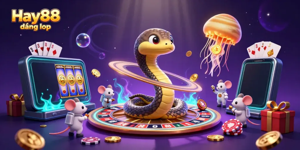 Experience Hay88 đăng nhập with vibrant casino elements in a cosmic scene packed with fun.