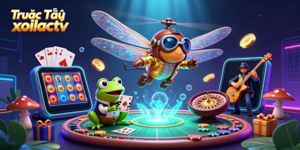 Engage with Trực Tiếp xoilactv through thrilling live action at a vibrant lily pad casino, featuring dynamic characters and games.