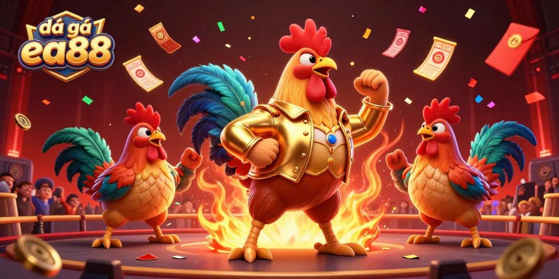 A dynamic scene of đá gà ea88 featuring heroic fighting roosters in a vibrant arena with floating betting slips and lucky red envelopes.