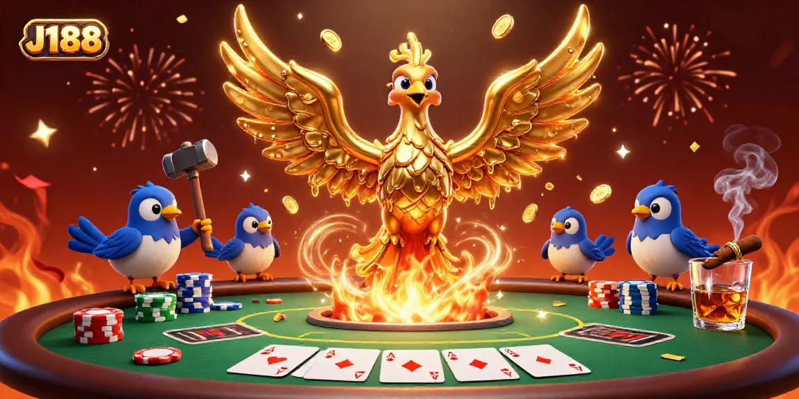 Experience thrilling gameplay at J188 through this vibrant golden phoenix and poker scene.