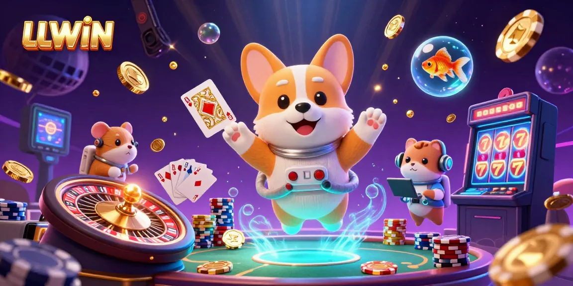 Experience the thrilling LLWIN casino world with a lively 3D scene featuring a corgi astronaut and dynamic game elements.