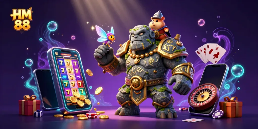 Experience the excitement of HM 88 casino with a vibrant 3D illustration featuring a stone golem guardian, fairy, and hamster knight.