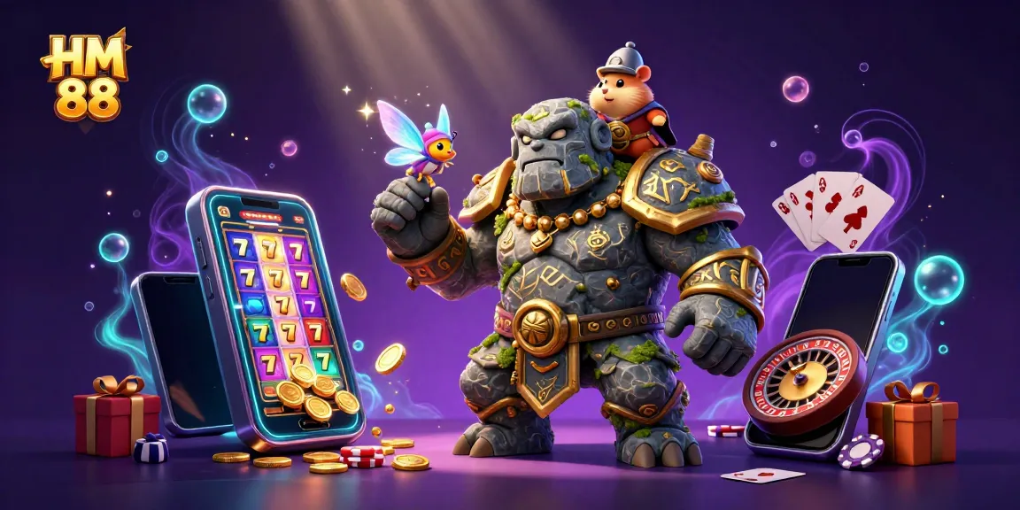 Experience the excitement of HM 88 casino with a vibrant 3D illustration featuring a stone golem guardian, fairy, and hamster knight.
