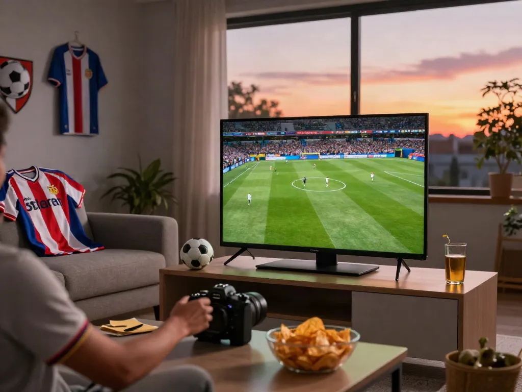 Football fan enjoying a live match on high-definition screen with cakhiatv memorabilia.