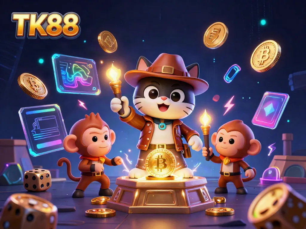 Experience the thrill of gaming at TK88 with a 3D cartoon cat archaeologist unveiling a golden casino artifact.