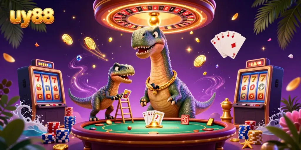 Join the fun at uy88 with a vibrant 3D casino scene featuring animated characters and exhilarating game elements.