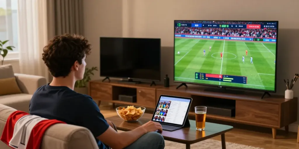 Excited football fan enjoying a live match on xoilactv with dual screens displaying game stats.