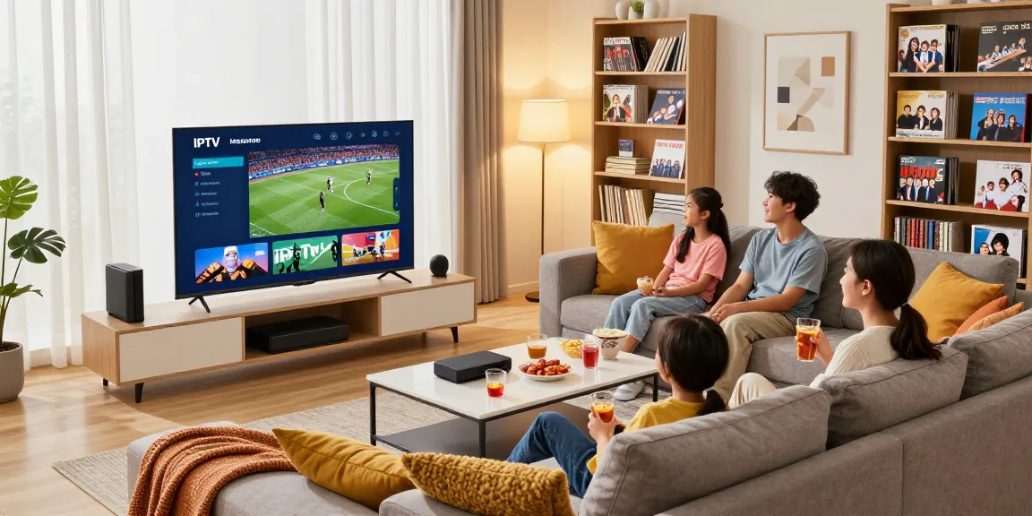 Family enjoying IPTV services in a modern living room with snacks and cheerful atmosphere.
