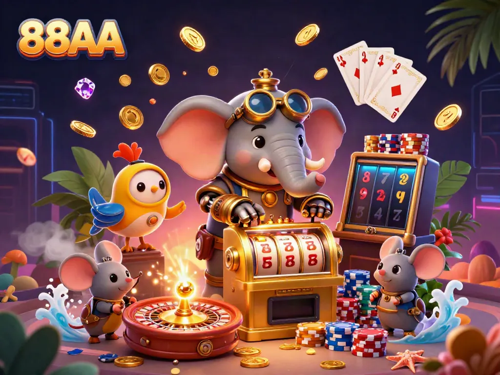 Experience the thrill of 88AA with a steampunk elephant at a dazzling casino scene featuring vibrant games and gold coins.