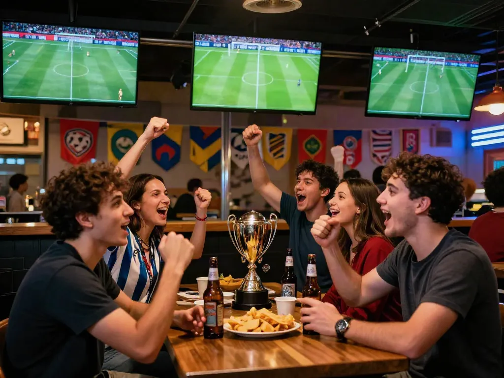 Fans enjoying a lively football match at a sports bar while following gavangtv's live stream.